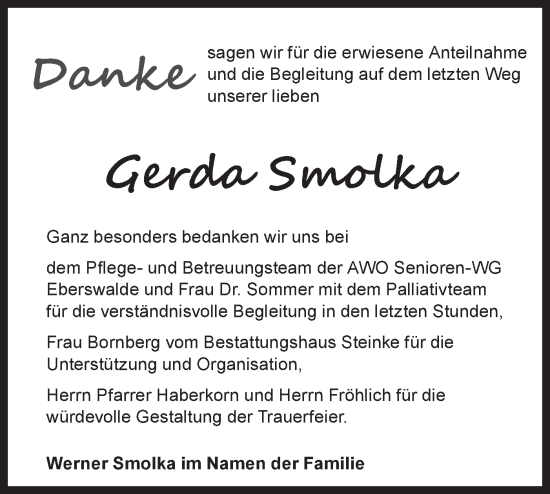 Traueranzeige von Gerda Smolka von Märkische Oderzeitung