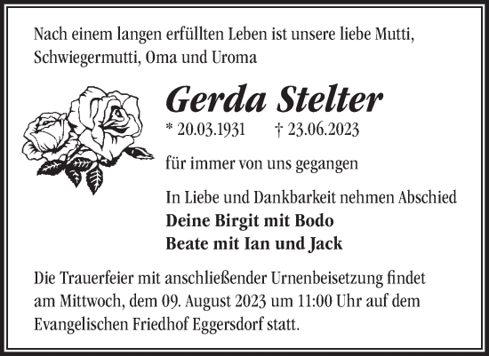 Traueranzeige von Gerda Stelter von Märkische Oderzeitung