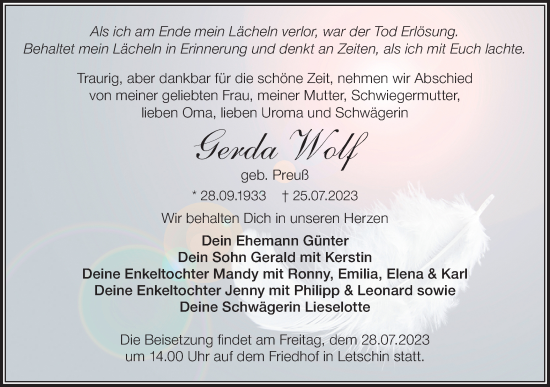 Traueranzeige von Gerda Wolf von Märkische Oderzeitung