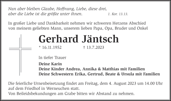 Traueranzeige von Gerhard Jäntsch von Märkische Oderzeitung