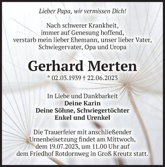 Traueranzeige von Gerhard Merten von Märkische Oderzeitung