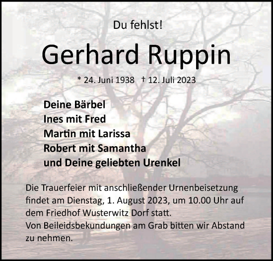 Traueranzeige von Gerhard Ruppin von Märkische Oderzeitung