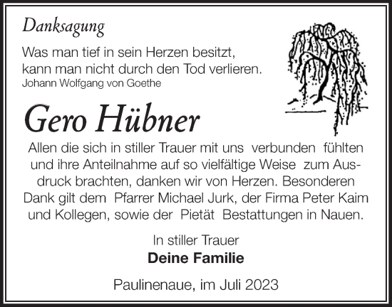 Traueranzeige von Gero Hübner von Märkische Oderzeitung