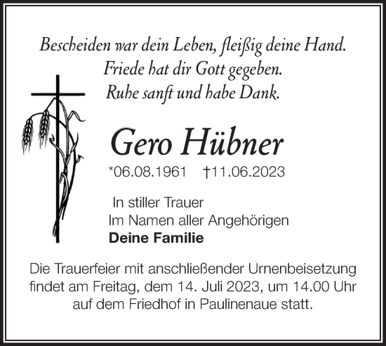 Traueranzeige von Gero Hübner von Märkische Oderzeitung