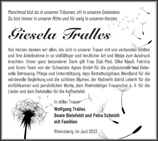 Traueranzeige von Giesela Tralles von Märkische Oderzeitung