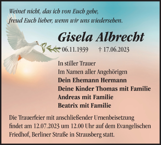 Traueranzeige von Gisela Albrecht von Märkische Oderzeitung