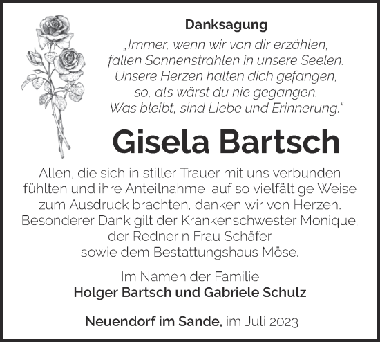 Traueranzeige von Gisela Bartsch von Märkische Oderzeitung