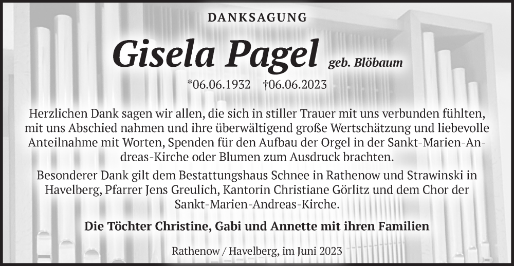  Traueranzeige für Gisela Pagel vom 01.07.2023 aus Märkische Oderzeitung