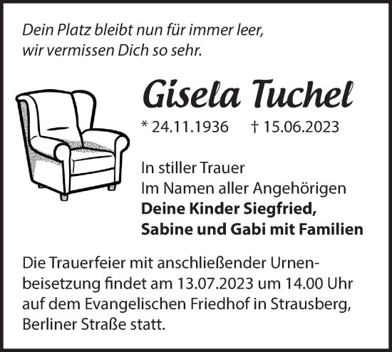 Traueranzeige von Gisela Tuchel von Märkische Oderzeitung