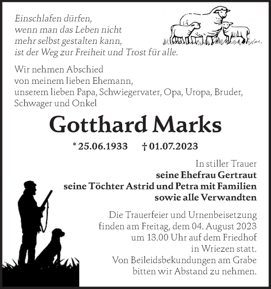 Traueranzeige von Gotthard Marks von Märkische Oderzeitung