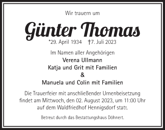 Traueranzeige von Günter Thomas von Märkische Oderzeitung