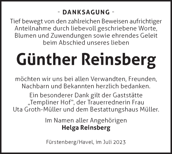 Traueranzeige von Günther Reinsberg von Märkische Oderzeitung