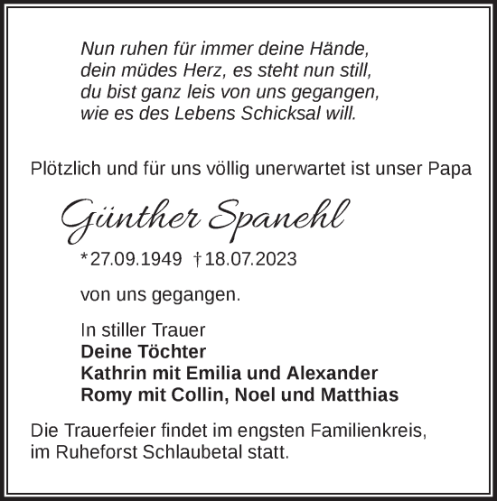 Traueranzeige von Günther Spanehl von Märkische Oderzeitung