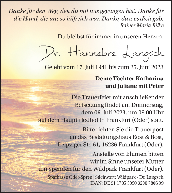 Traueranzeige von Hannelore Langsch von Märkische Oderzeitung