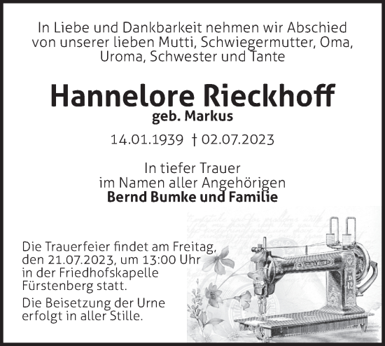 Traueranzeige von Hannelore Rieckhoff von Märkische Oderzeitung