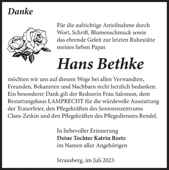 Traueranzeige von Hans Bethke von Märkische Oderzeitung