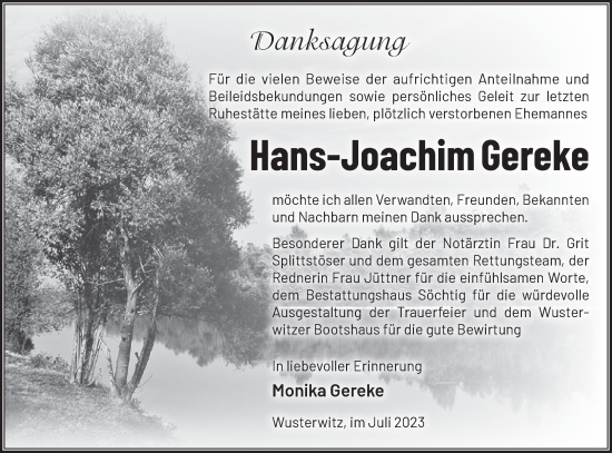 Traueranzeige von Hans-Joachim Gereke von Märkische Oderzeitung