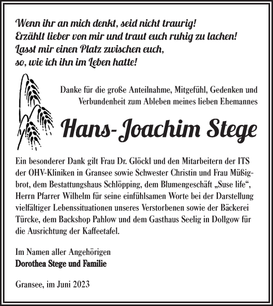 Traueranzeige von Hans-Joachim Stege von Märkische Oderzeitung