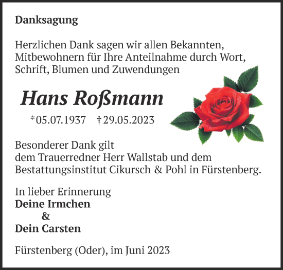 Traueranzeige von Hans Roßmann von Märkische Oderzeitung