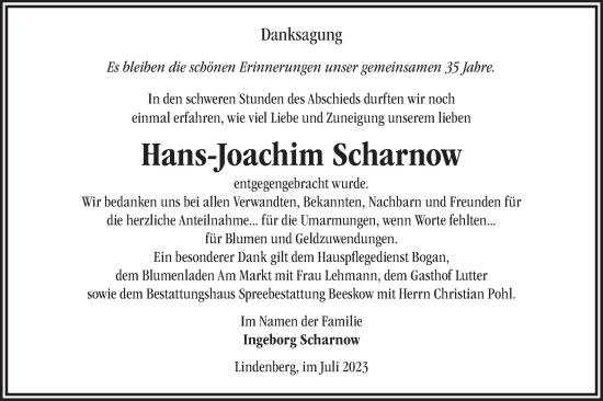 Traueranzeige von Hans Joachim Scharnow von Märkische Oderzeitung