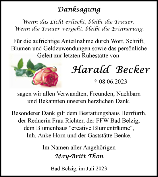 Traueranzeige von Harald Becker von Märkische Oderzeitung