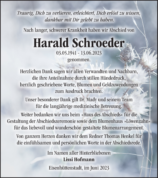 Traueranzeige von Harald Schroeder von Märkische Oderzeitung