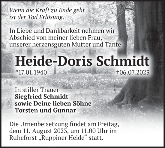 Traueranzeige von Heide-Doris Schmidt von Märkische Oderzeitung