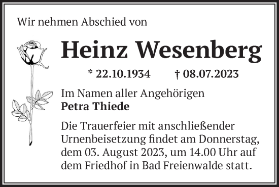 Traueranzeige von Heinz Wesenberg von Märkische Oderzeitung