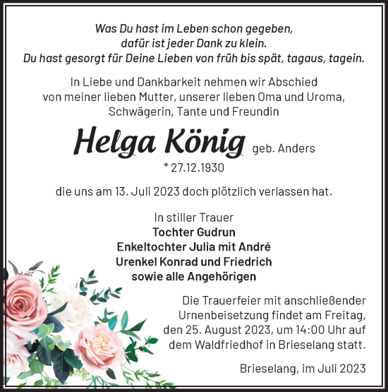 Traueranzeige von Helga König von Märkische Oderzeitung