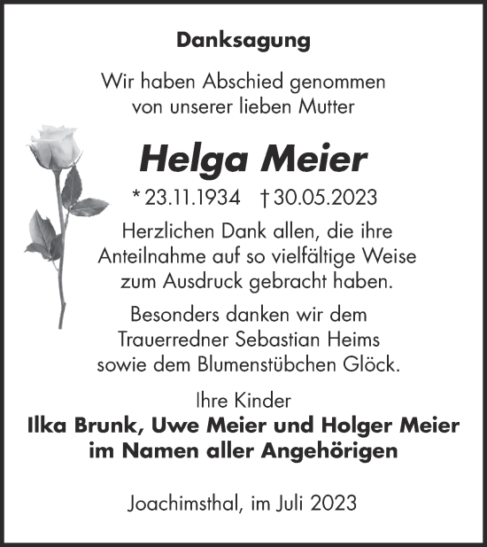 Traueranzeige von Helga Meier von Märkische Oderzeitung