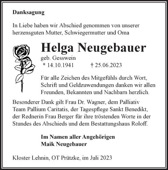 Traueranzeige von Helga Neugebauer von Märkische Oderzeitung