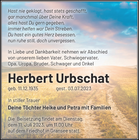 Traueranzeige von Herbert Urbschat von Märkische Oderzeitung