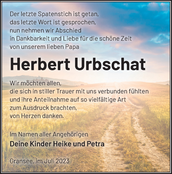 Traueranzeige von Herbert Urbschat von Märkische Oderzeitung