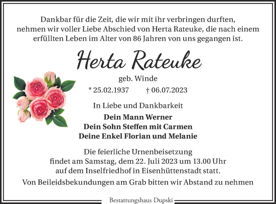 Traueranzeige von Herta Rateuke von Märkische Oderzeitung