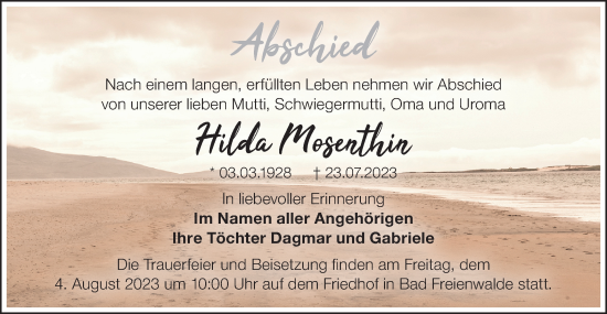 Traueranzeige von Hilda Mosenthin von Märkische Oderzeitung