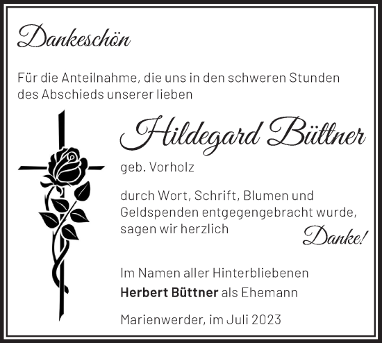 Traueranzeige von Hildegard Büttner von Märkische Oderzeitung