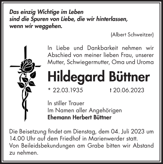 Traueranzeige von Hildegard Büttner von Märkische Oderzeitung