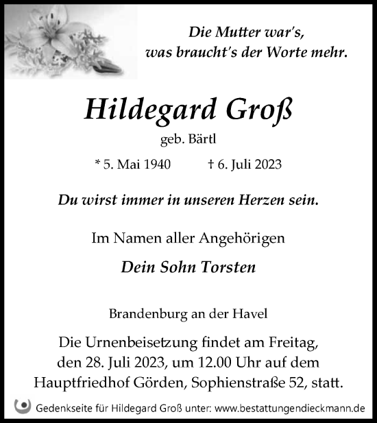 Traueranzeige von Hildegard Groß von Märkische Oderzeitung