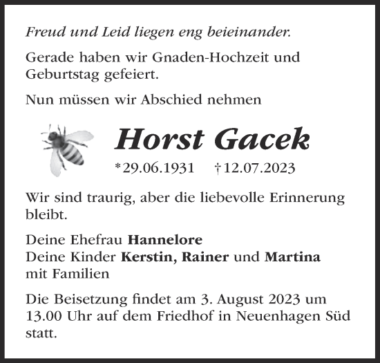 Traueranzeige von Horst Gacek von Märkische Oderzeitung