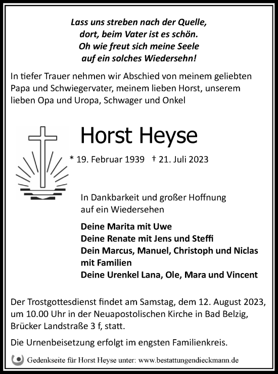 Traueranzeige von Horst Heyse von Märkische Oderzeitung