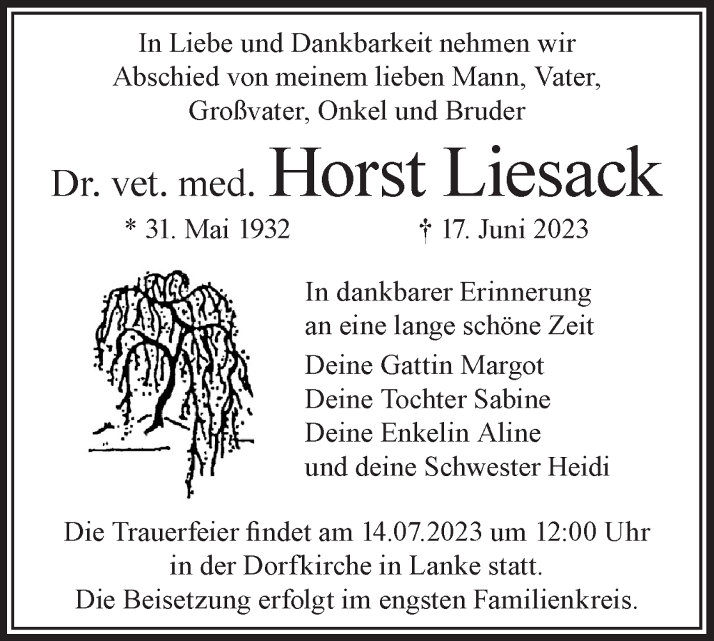  Traueranzeige für Horst Liesack vom 01.07.2023 aus Märkische Oderzeitung