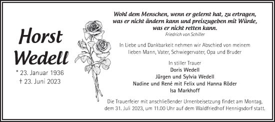 Traueranzeige von Horst Wedell von Märkische Oderzeitung