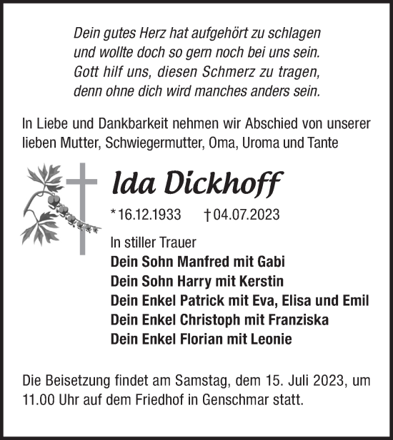 Traueranzeige von Ida Dickhoff von Märkische Oderzeitung