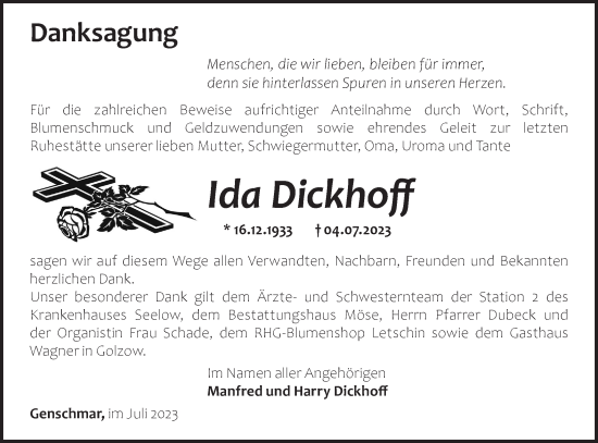 Traueranzeige von Ida Dickhoff von Märkische Oderzeitung