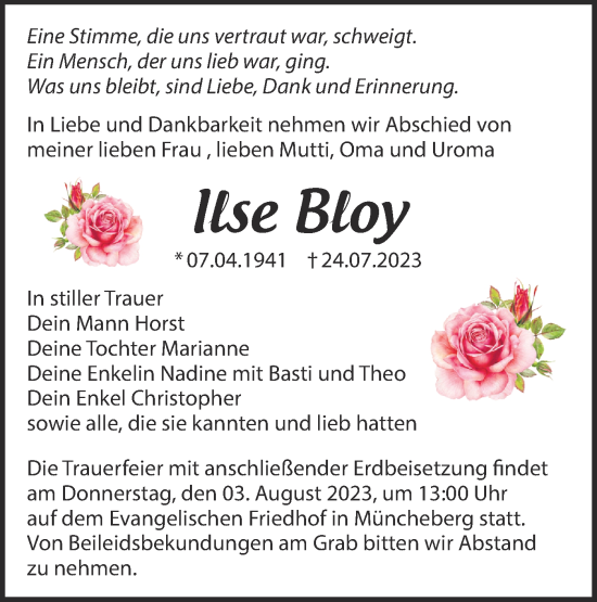 Traueranzeige von Ilse Bloy von Märkische Oderzeitung