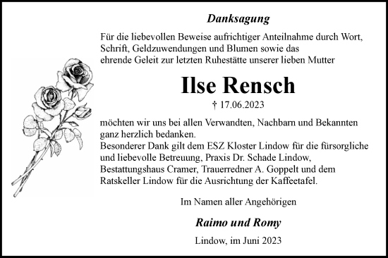 Traueranzeige von Ilse Rensch von Märkische Oderzeitung