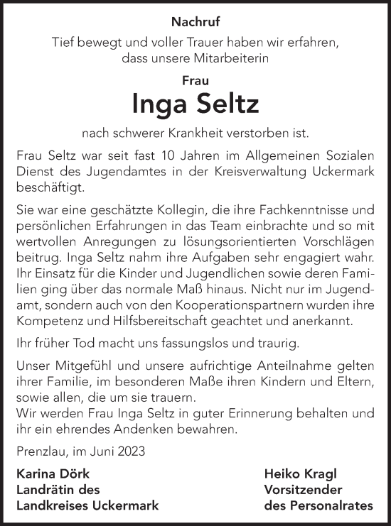 Traueranzeige von Inga Seltz von Märkische Oderzeitung