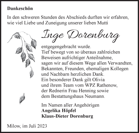 Traueranzeige von Inge Dorenburg von Märkische Oderzeitung