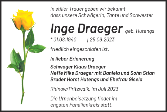 Traueranzeige von Inge Draeger von Märkische Oderzeitung