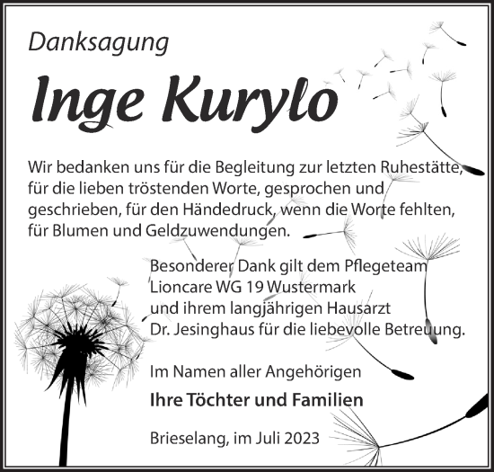 Traueranzeige von Inge Kurylo von Märkische Oderzeitung